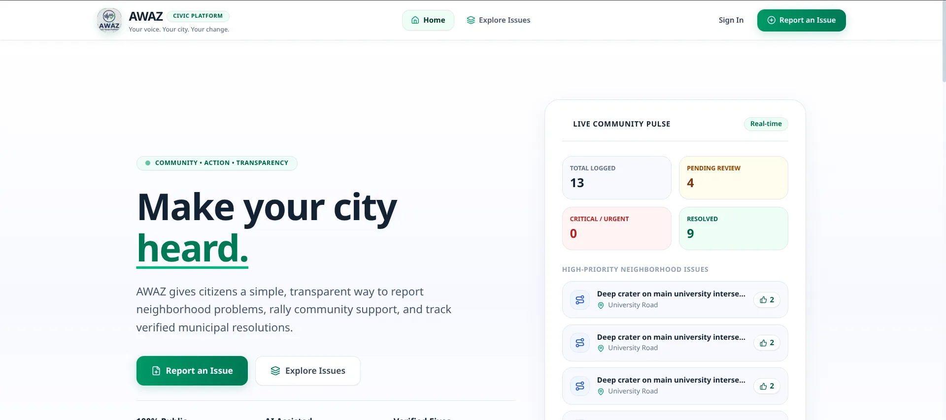 AWAZ — Civic Platform Screenshot